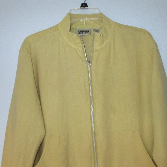 Chicos Design Women's Jacket Sz 2 100% Linen Full Zip Yellowl Bomber Pockets - Picture 2 of 11